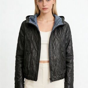 GAP Black Quilted Bomber Jacket with Blue Hood